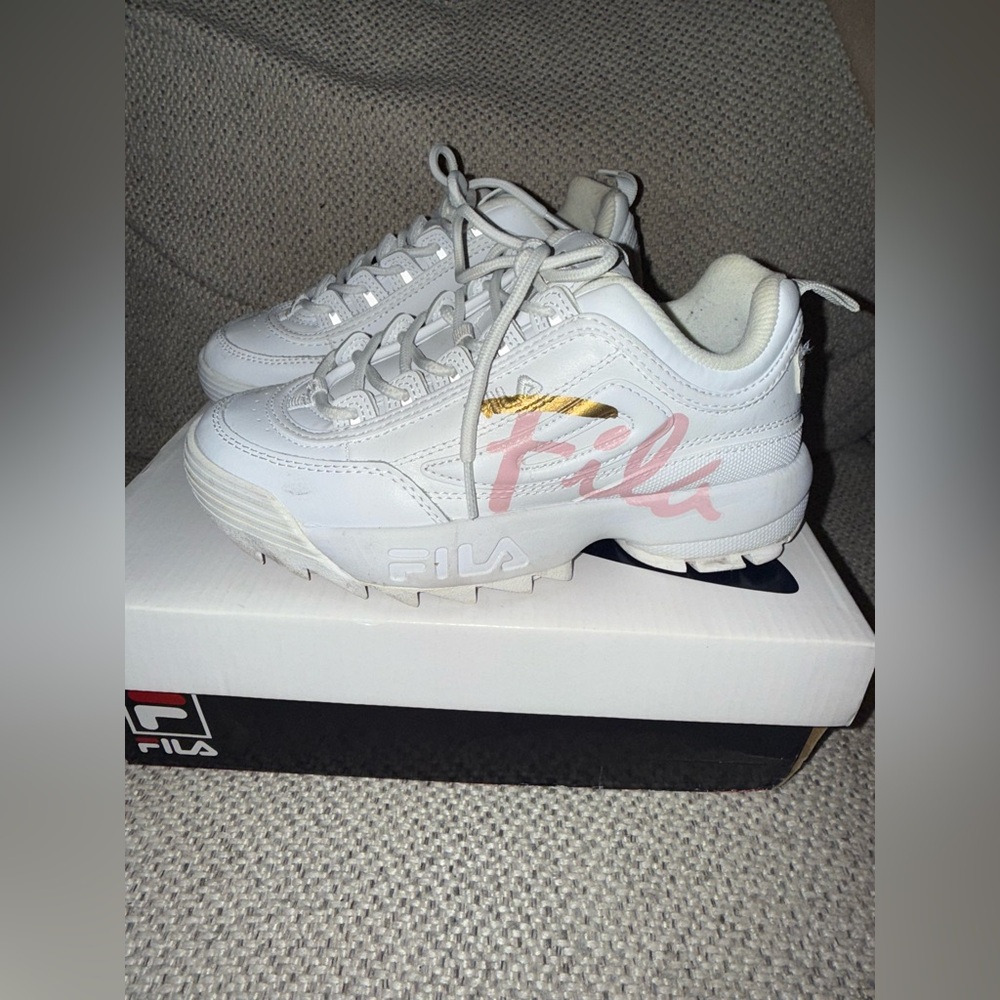 Fila White Sneakers Distruptor 2 Script Shoes Size 6.5 Pink Metallic